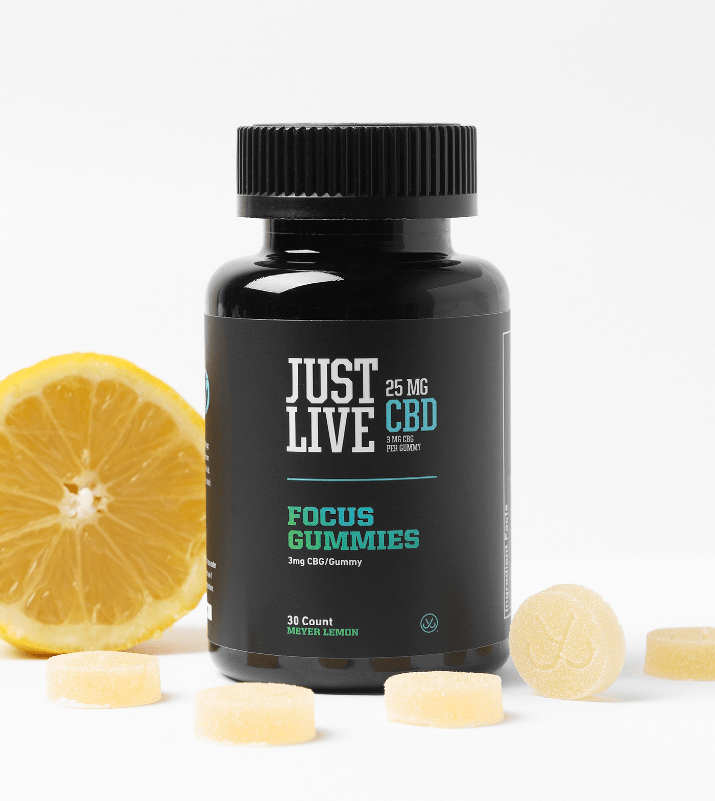 Bottle of CBD Gummies for Stress and Focus Among Fruit and Gummies